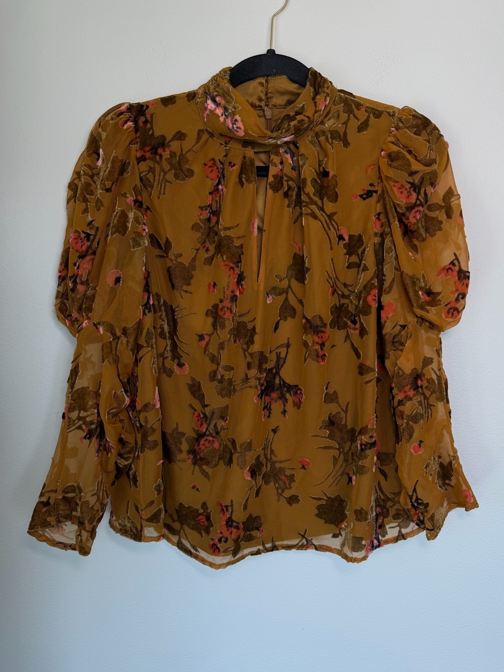 French Connection Floral Velvet Mesh Victorian Romantic High Neck Blouse Peasant